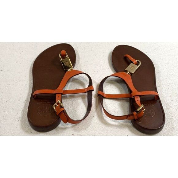 Tory Burch Women's Orange Sandals Leather Padlock Flat Logo Ankle T Strap 6M - Picture 1 of 6